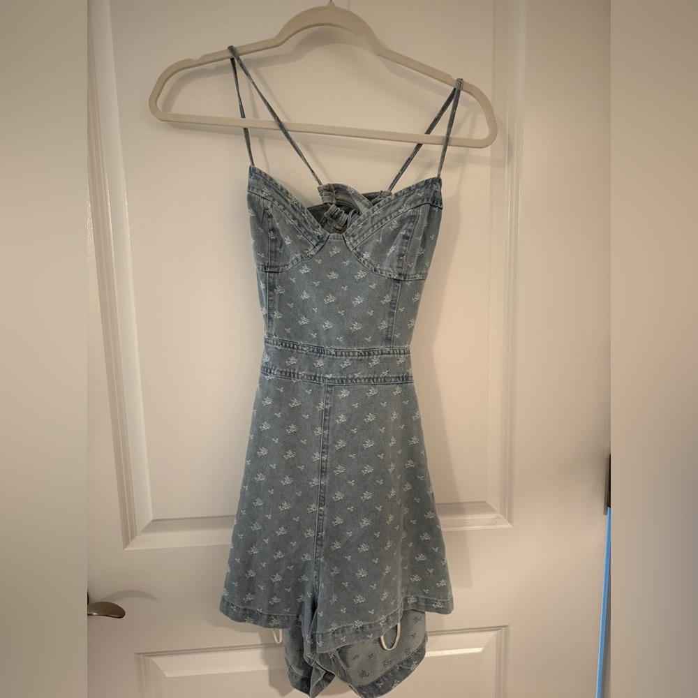 Blue Denim Dress with Floral Pattern